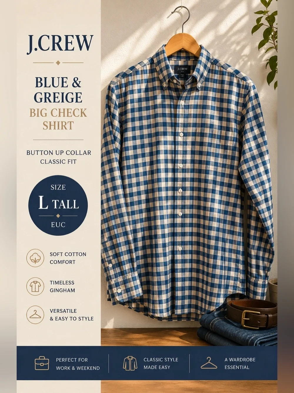 J.Crew Blue & Greige Gingham Button Front Shirt Large Tall
